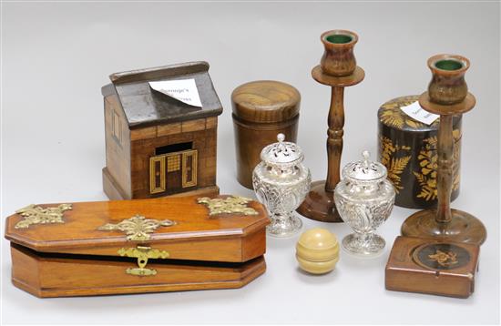A collection of assorted treen including a house money box and a pair of white metal peppers money box 13cm